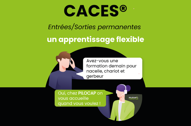Illustration de deux personnages échangeant par téléphone à propos d’une formation CACES avec le message un apprentissage flexible – Entrées/Sorties permanentes
