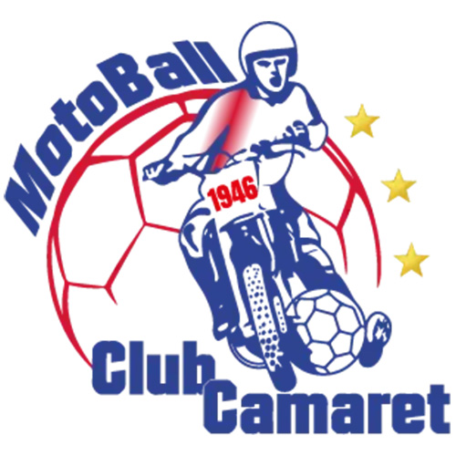 Logo Motoball Club Camaret avec joueur de motoball et ballon, année 1946