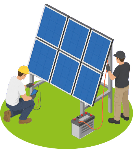 Techniciens intervenant sur une installation photovoltaïque avec panneaux solaires et batterie de stockage