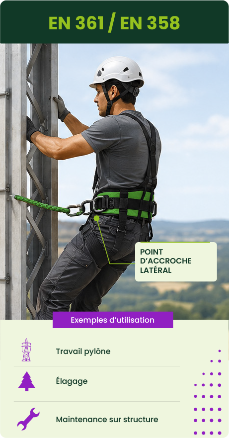 Harnais de suspension EN 361 EN 358 EN 813 avec point sternal et baudrier pour travaux sur cordes et espaces confinés.